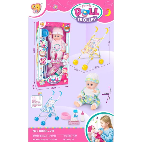011732 Set papusa vinil cu functii cu carucior